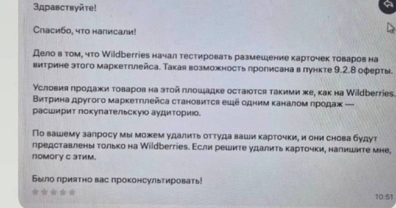 Ответ поддержки Wildberries о тестовом размещении товаров селлеров на AliExpress