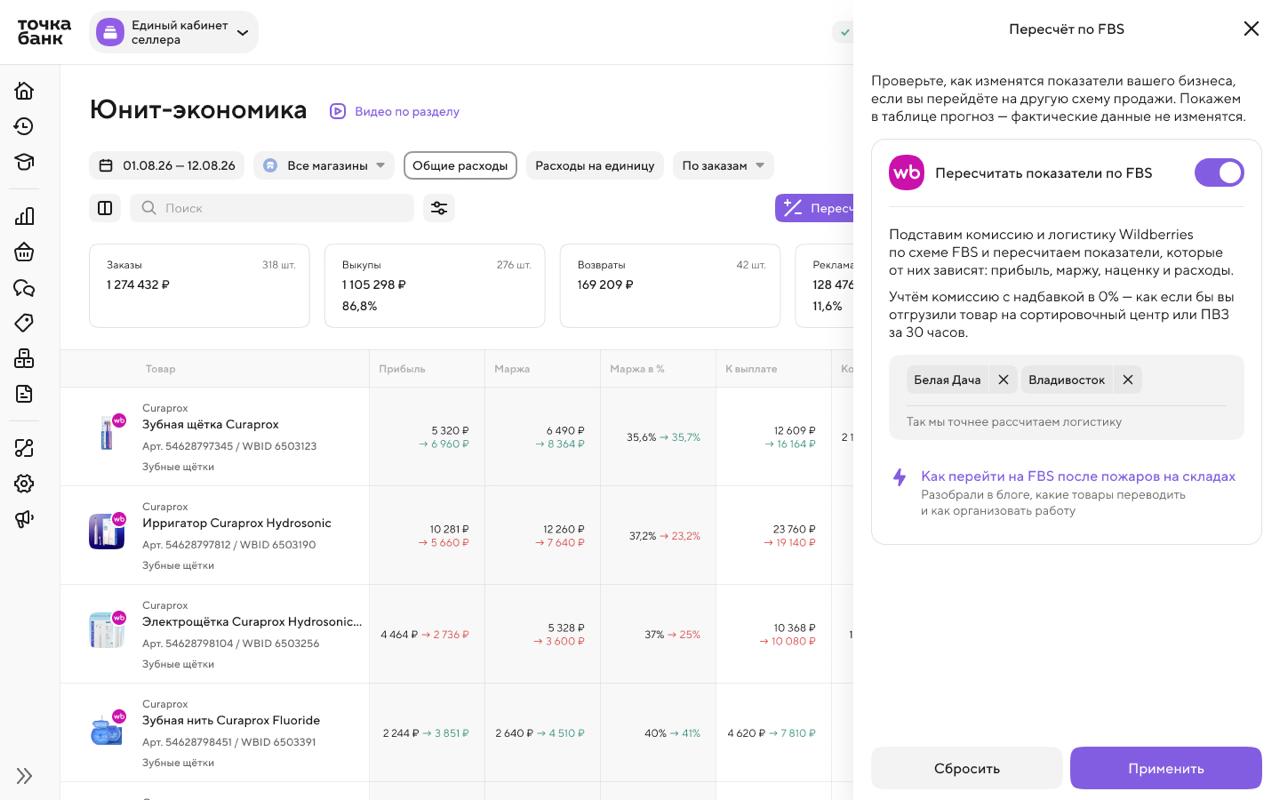 Калькулятор перехода на FBS в Едином кабинете селлера Точка Банка с пересчётом комиссии, логистики, прибыли и маржи