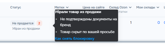 Уведомление маркетплейса с причиной ограничения карточки товара